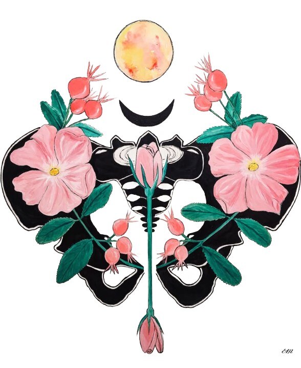 Original artwork by Emily McKinley, featuring a pelvis, rose hips, and moon phases